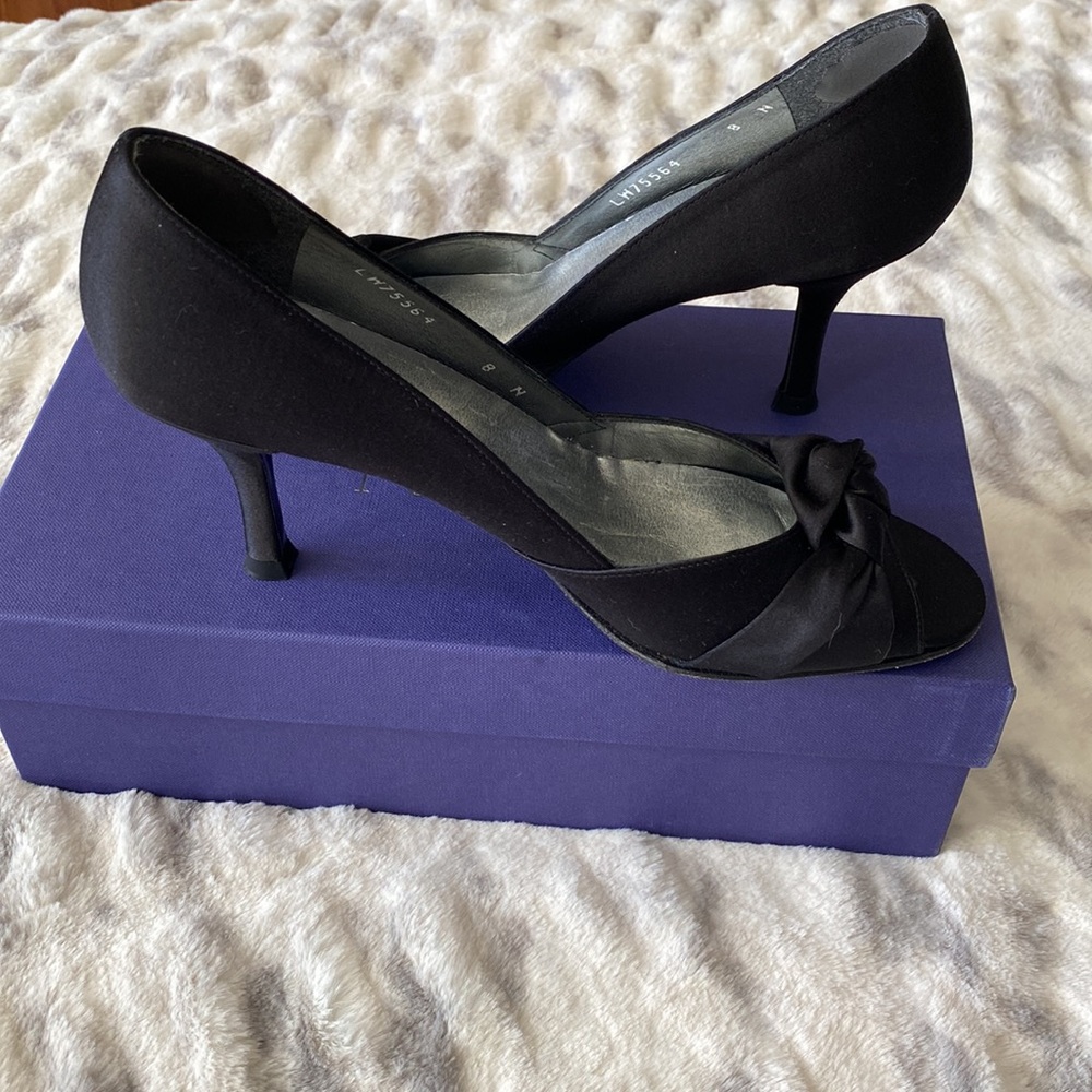 Stuart Weitzman Turku Black Satin Peep Toe Pump